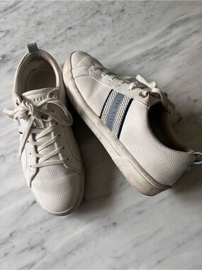 Ted Baker ‘Bailey Icon’ White Leather Sneakers with Navy Stripe Accents
